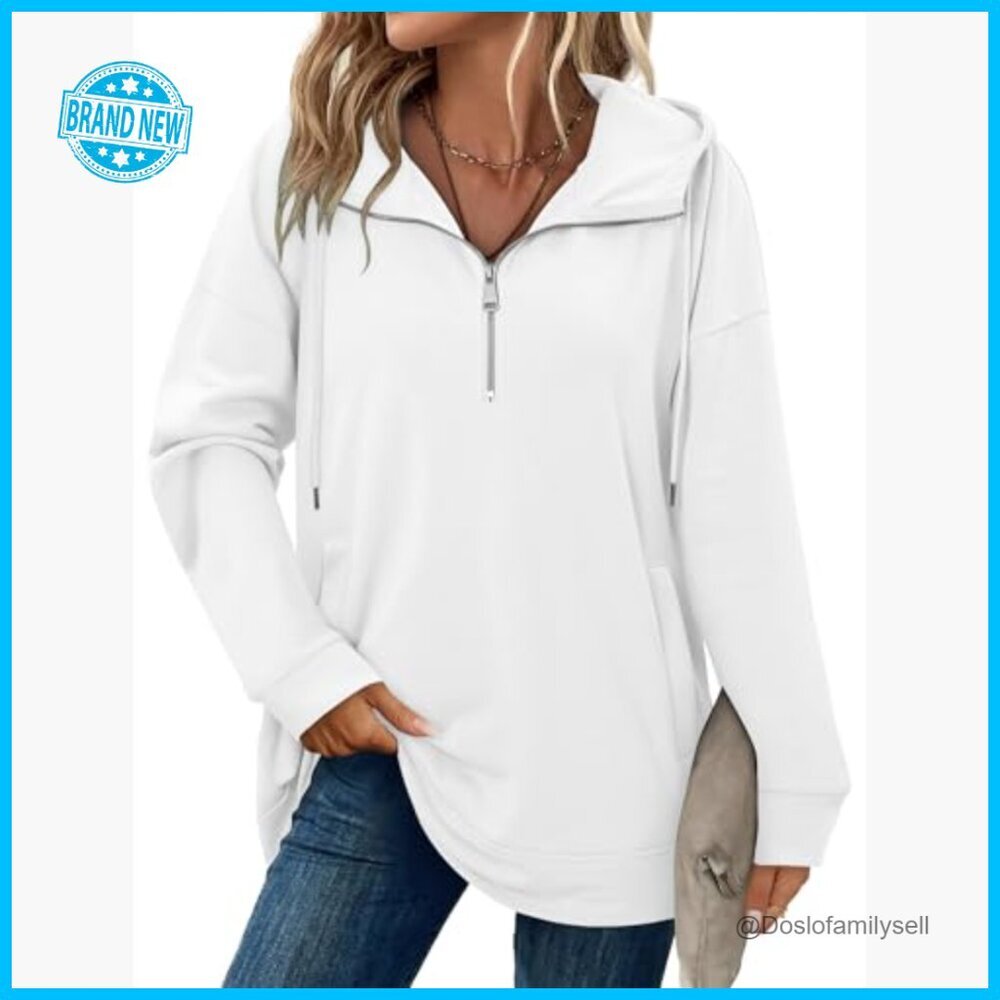 Quarter Zip Pullover Hoodie Lapel Neck Drawstring Tunic Side Pockets Casual - Picture 2 of 7